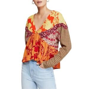 Free People Womens Aloha State of Mind Patchwork V Neck Blouse XS